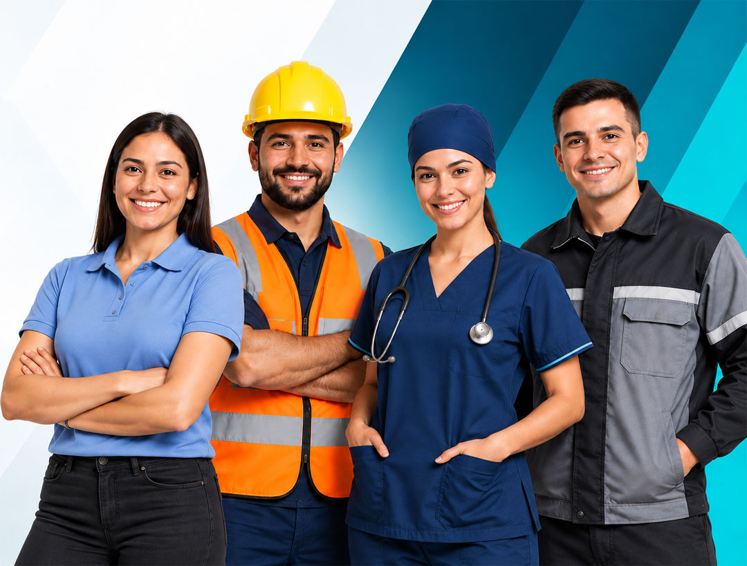 Trabajadores luciendo diferentes tipos de uniformes empresariales y de seguridad
